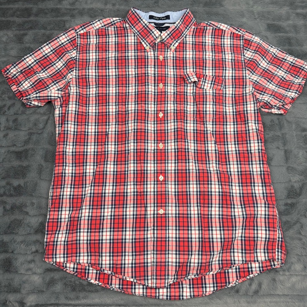 Tommy Hilfiger Mens XL College Poplin Plaid Short Sleeve Button Down Shirt Red